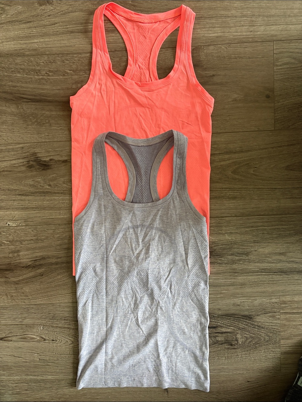 lululemon athletica Racerback Tank Tops — Coral and Light Gray